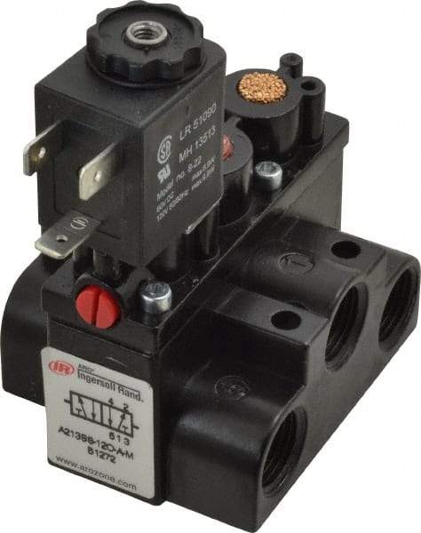 ARO/Ingersoll-Rand - 3/8" Inlet x 3/8" Outlet, Solenoid Actuator, Spring Return, 2 Position, Body Ported Solenoid Air Valve - 120 VAC Input, 63 CFM, 1.7 CV, 4 Way, 150 psi, 3-1/2" Long x '2-1/2" Wide x 3-5/8" High, 0 to 180°F - Americas Industrial Supply