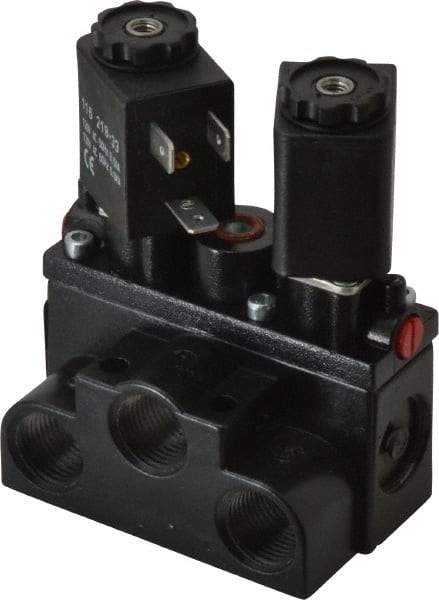 ARO/Ingersoll-Rand - 3/8" Inlet x 3/8" Outlet, Solenoid Actuator, Solenoid Return, 2 Position, Body Ported Solenoid Air Valve - 120 VAC Input, 63 CFM, 1.7 CV, 4 Way, 150 psi, 4" Long x '2-1/2" Wide x 3-5/8" High, 0 to 180°F - Americas Industrial Supply