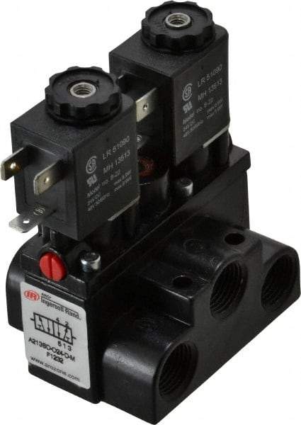 ARO/Ingersoll-Rand - 3/8" Inlet x 3/8" Outlet, Solenoid Actuator, Solenoid Return, 2 Position, Body Ported Solenoid Air Valve - 24 VDC Input, 63 CFM, 1.7 CV, 4 Way, 150 psi, 4" Long x '2-1/2" Wide x 3-5/8" High, 0 to 180°F - Americas Industrial Supply