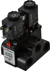 ARO/Ingersoll-Rand - 3/8" Inlet x 3/8" Outlet, Solenoid Actuator, Solenoid Return, 2 Position, Body Ported Solenoid Air Valve - 24 VDC Input, 63 CFM, 1.7 CV, 4 Way, 150 psi, 4" Long x '2-1/2" Wide x 3-5/8" High, 0 to 180°F - Americas Industrial Supply