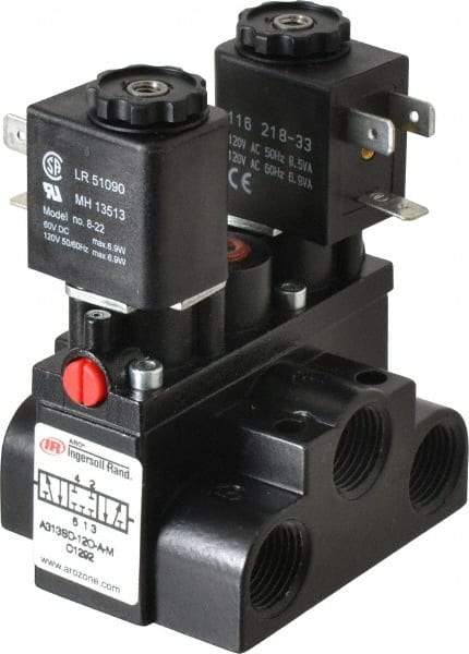 ARO/Ingersoll-Rand - 3/8" Inlet x 3/8" Outlet, Solenoid Actuator, Solenoid Return, 3 Position, Body Ported Solenoid Air Valve - 120 VAC Input, 63 CFM, 1.7 CV, 4 Way, 150 psi, 4" Long x '2-1/2" Wide x 3-5/8" High, 0 to 180°F - Americas Industrial Supply