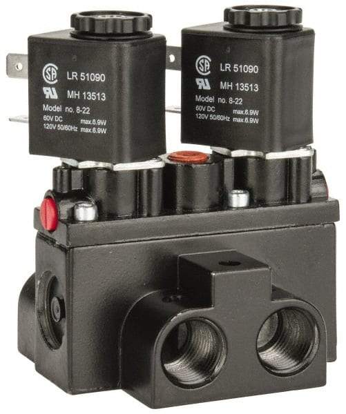 ARO/Ingersoll-Rand - 3/8" Inlet x 3/8" Outlet, Solenoid Actuator, Solenoid Return, 3 Position, Body Ported Solenoid Air Valve - 120 VAC Input, 63 CFM, 1.7 CV, 4 Way, 150 psi, 4" Long x '2-1/2" Wide x 3-5/8" High, 0 to 180°F - Americas Industrial Supply