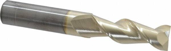 Accupro - 3/4", 2-1/4" LOC, 3/4" Shank Diam, 5" OAL, 2 Flute, Solid Carbide Square End Mill - Single End, ZrN Finish, Spiral Flute, 45° Helix, Centercutting, Right Hand Cut, Right Hand Flute - Americas Industrial Supply