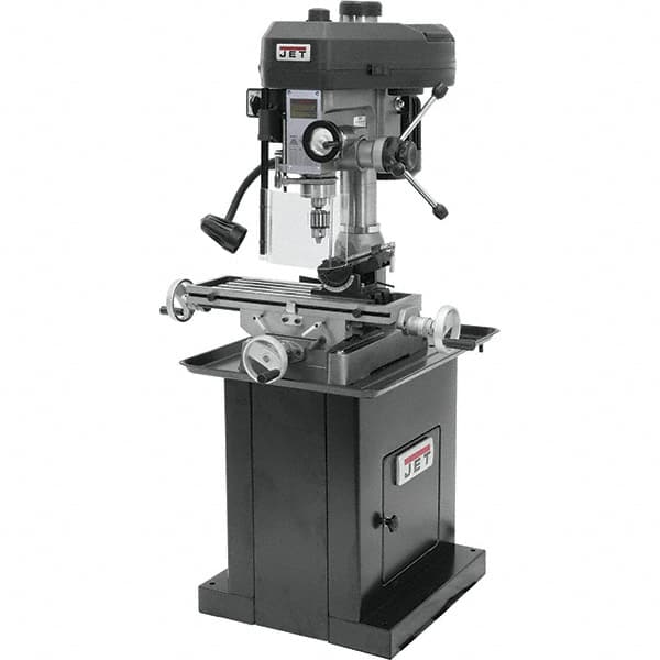 Jet - 1 Phase, 14-1/2" Swing, Step Pulley Mill Drill Machine - 23" Table Length x 7-1/2" Table Width, 14" Longitudinal Travel, 5-1/2" Cross Travel, 12 Spindle Speeds, 1 hp, 115/230 Volts - Americas Industrial Supply