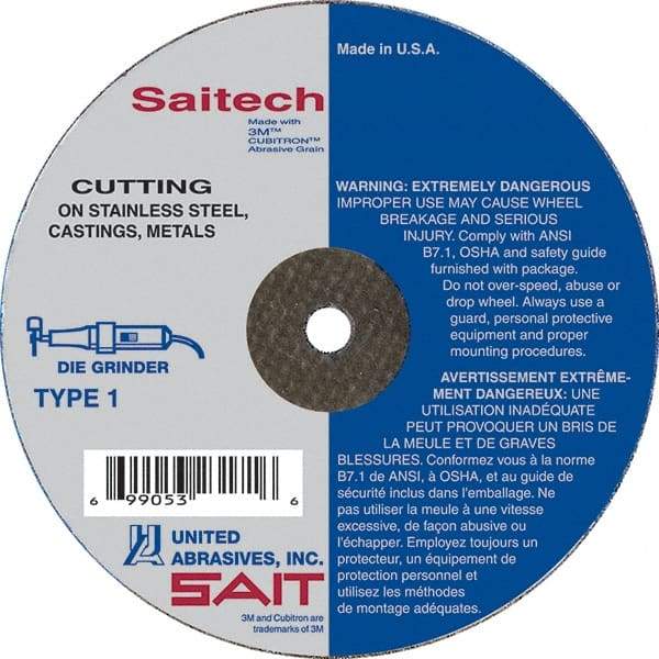 Sait - 3" Aluminum Oxide Cutoff Wheel - 0.035" Thick, 3/8" Arbor, 25,000 Max RPM, Use with Die Grinders - Americas Industrial Supply