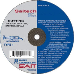 Sait - 3" Aluminum Oxide Cutoff Wheel - 1/16" Thick, 1/4" Arbor, 25,000 Max RPM, Use with Die Grinders - Americas Industrial Supply