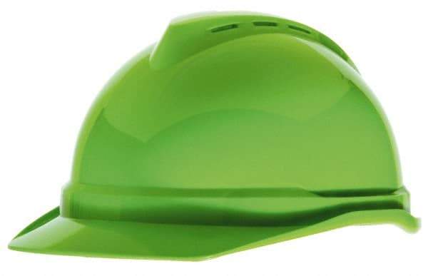 MSA - ANSI Type I, Class C Rated, 4 Point, Ratchet Adjustment Hard Hat - Size 6-1/2 to 8, High Visibility Lime Green, Standard Brim, Vented - Americas Industrial Supply