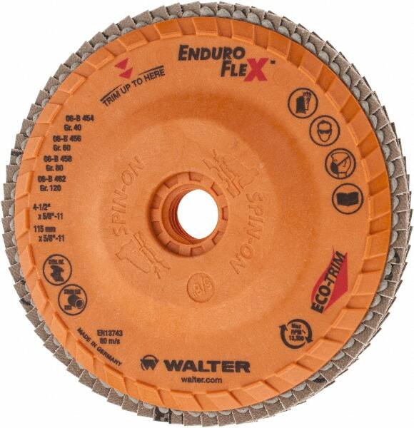 WALTER Surface Technologies - 120 Grit, 4-1/2" Disc Diam, 5/8-11 Center Hole, Zirconia Alumina Flap Disc - 13,300 Max RPM, Plastic Backing, Arbor Attaching System, Coated - Americas Industrial Supply