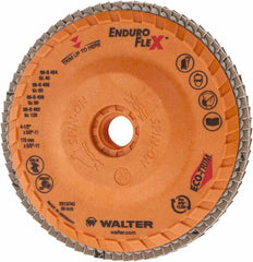 WALTER Surface Technologies - 120 Grit, 4-1/2" Disc Diam, 5/8-11 Center Hole, Zirconia Alumina Flap Disc - 13,300 Max RPM, Plastic Backing, Arbor Attaching System, Coated - Americas Industrial Supply