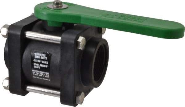 Green Leaf - 1-1/2" Pipe, Standard Port, Polypropylene Standard Ball Valve - 3 Piece, Inline - One Way Flow, FNPT x FNPT Ends, Lever Handle, 150 WOG - Americas Industrial Supply