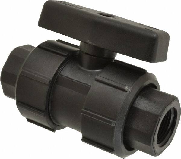 Green Leaf - 3/4" Pipe, Full Port, Polypropylene True Union Design Ball Valve - Inline - One Way Flow, FNPT x FNPT Ends, Tee Handle, 125 WOG - Americas Industrial Supply