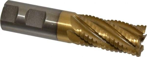 Interstate - 1" Diam, 2" LOC, 6 Flute Cobalt Roughing & Finishing Square End Mill - TiN Finish, 4-1/2" OAL, 1" Shank Diam, Weldon Shank, 30° Helix, Non-Centercutting - Americas Industrial Supply