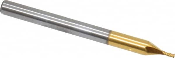 Atrax - 1/32", 3/32" LOC, 1/8" Shank Diam, 1-1/2" OAL, 4 Flute, Solid Carbide Square End Mill - Single End, TiN Finish, Spiral Flute, 30° Helix, Centercutting, Right Hand Cut - Americas Industrial Supply