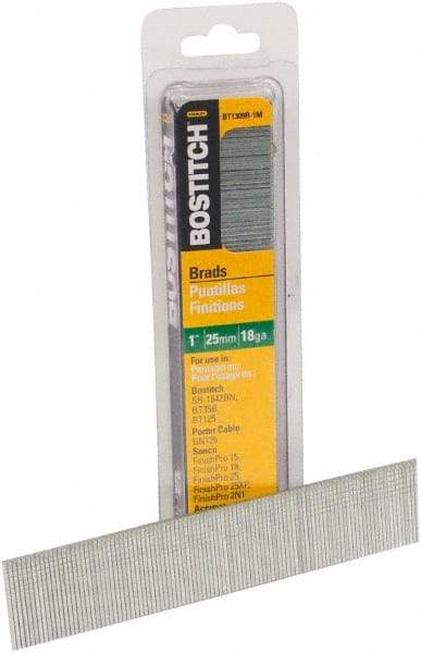 Stanley Bostitch - 18 Gauge 0.05" Shank Diam 1" Long Brad Nails for Power Nailers - Steel, Bright Finish, Ring Shank, Straight Stick Adhesive Collation, Brad Head, Chisel Point - Americas Industrial Supply
