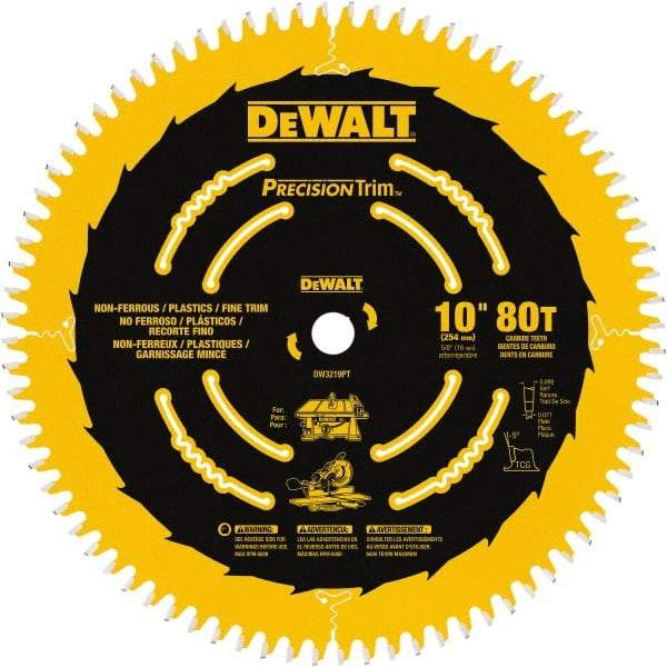 DeWALT - 10" Diam, 5/8" Arbor Hole Diam, 80 Tooth Wet & Dry Cut Saw Blade - Carbide-Tipped, Crosscut Action, Standard Round Arbor - Americas Industrial Supply