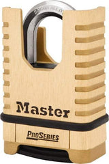 Master Lock - 2-1/4" Body Width x 3-1/2" Body Height, 1-1/16" Shackle Clearance, Brass Finish Combination Lock - 3/8" Shackle Diam, 15/16" Shackle Width, Set Your Own 4 Digit Combination - Americas Industrial Supply