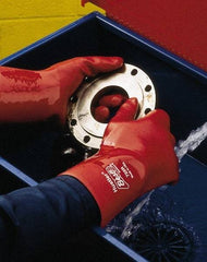 SHOWA - Size L (10), 14" Long, Supported, PVC Chemical Resistant Gloves - Textured Finish, Cotton Interlock Knit Lined, Gauntlet Cuff, ANSI Abrasion Level 4, ANSI Cut Level 1, ANSI Puncture Level 1, Red - Americas Industrial Supply