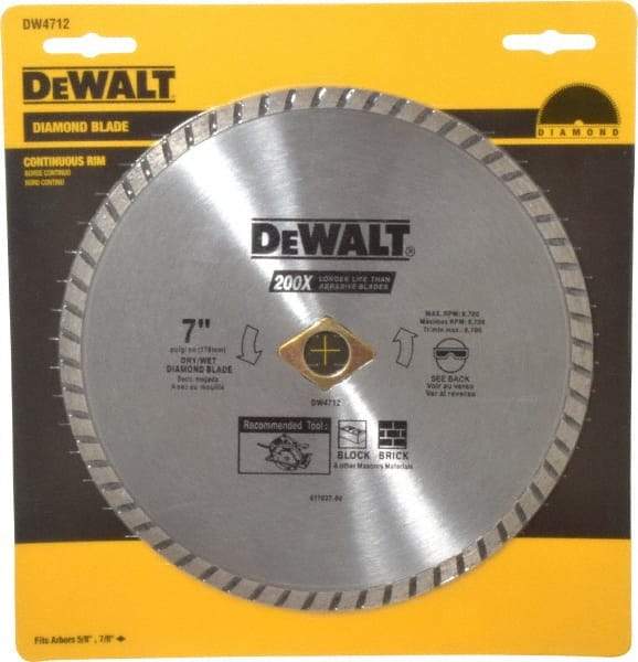 DeWALT - 7" Diam, 5/8" Arbor Hole Diam, Wet & Dry Cut Saw Blade - Diamond-Tipped, Standard Round Arbor - Americas Industrial Supply