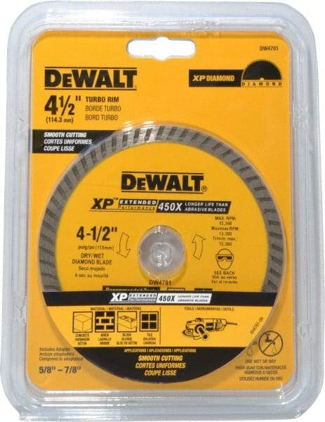 DeWALT - 4-1/2" Diam, 7/8" Arbor Hole Diam, Wet & Dry Cut Saw Blade - Diamond-Tipped, Standard Round Arbor - Americas Industrial Supply