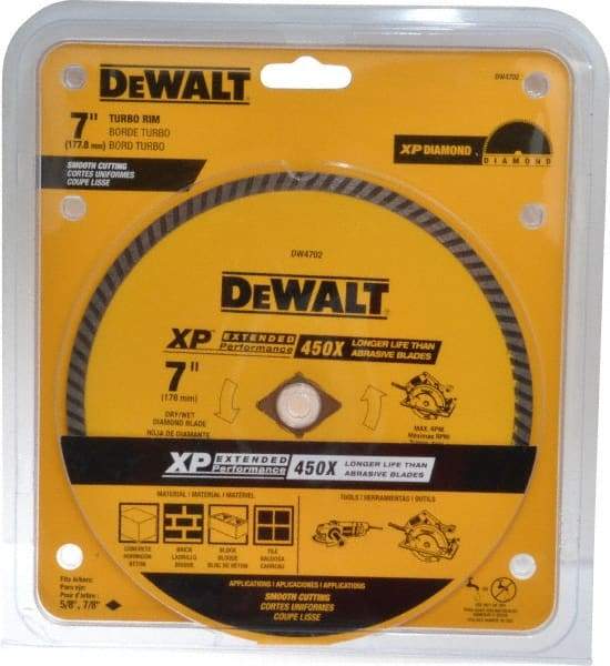 DeWALT - 7" Diam, 5/8" Arbor Hole Diam, Wet & Dry Cut Saw Blade - Diamond-Tipped, Standard Round Arbor - Americas Industrial Supply