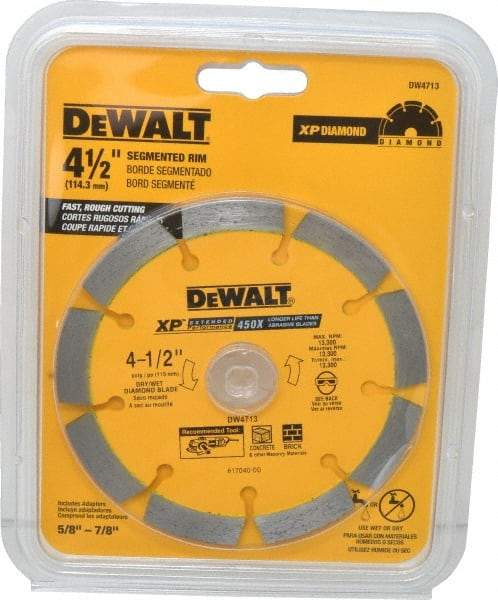 DeWALT - 4-1/2" Diam, 7/8" Arbor Hole Diam, Wet & Dry Cut Saw Blade - Diamond-Tipped, Standard Round Arbor - Americas Industrial Supply