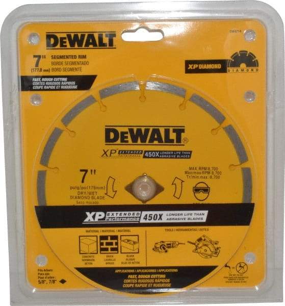 DeWALT - 7" Diam, 5/8" Arbor Hole Diam, Wet & Dry Cut Saw Blade - Diamond-Tipped, Standard Round Arbor - Americas Industrial Supply