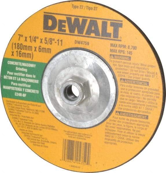 DeWALT - 24 Grit, 7" Wheel Diam, 1/4" Wheel Thickness, Type 27 Depressed Center Wheel - Silicon Carbide, R Hardness, 8,700 Max RPM, Compatible with Angle Grinder - Americas Industrial Supply