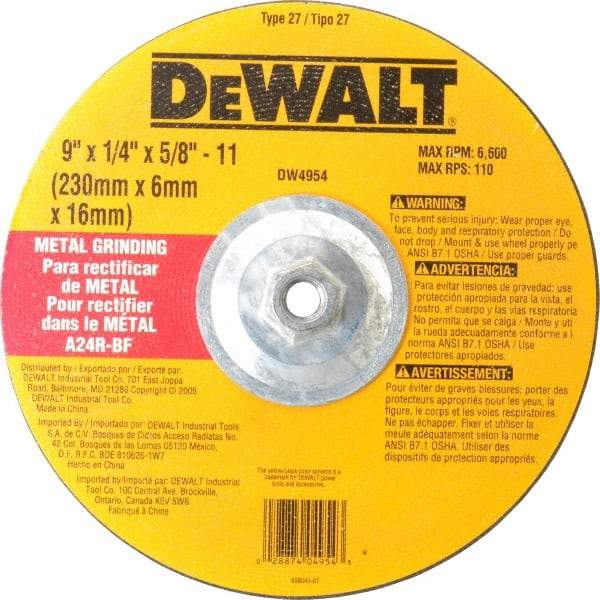 DeWALT - 24 Grit, 9" Wheel Diam, 1/4" Wheel Thickness, Type 27 Depressed Center Wheel - Aluminum Oxide, R Hardness, 6,600 Max RPM, Compatible with Angle Grinder - Americas Industrial Supply