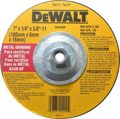 DeWALT - 24 Grit, 7" Wheel Diam, 1/4" Wheel Thickness, Type 27 Depressed Center Wheel - Aluminum Oxide, R Hardness, 8,700 Max RPM, Compatible with Angle Grinder - Americas Industrial Supply