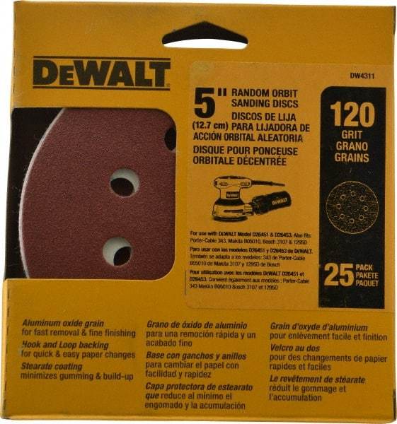 DeWALT - 5" Diam, 120 Grit, Aluminum Oxide Hook & Loop Disc - Fine Grade, Coated, Paper Backing, - Americas Industrial Supply