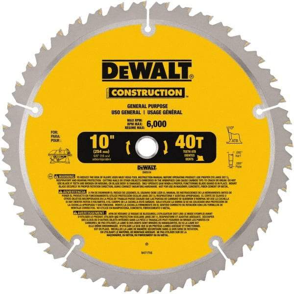 DeWALT - 10" Diam, 5/8" Arbor Hole Diam, 40 Tooth Wet & Dry Cut Saw Blade - Carbide-Tipped, General Purpose Action, Standard Round Arbor - Americas Industrial Supply