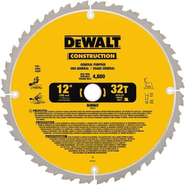 DeWALT - 12" Diam, 1" Arbor Hole Diam, 32 Tooth Wet & Dry Cut Saw Blade - Carbide-Tipped, General Purpose Action, Standard Round Arbor - Americas Industrial Supply