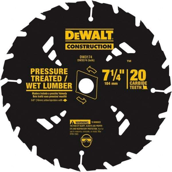 DeWALT - 7-1/4" Diam, 20 Tooth Wet & Dry Cut Saw Blade - Tungsten Carbide-Tipped, Standard Round Arbor - Americas Industrial Supply