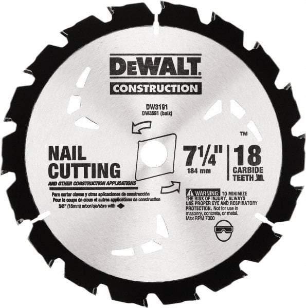 DeWALT - 7-1/4" Diam, 18 Tooth Wet & Dry Cut Saw Blade - Carbide-Tipped, Standard Round Arbor - Americas Industrial Supply