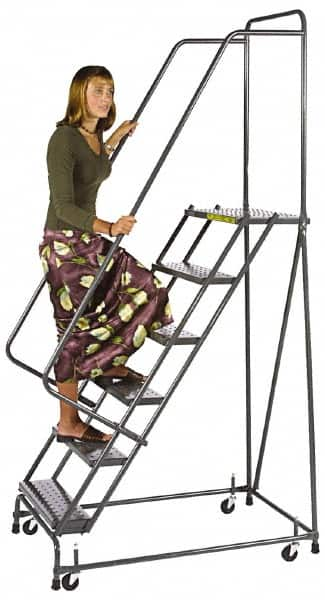 Ballymore - 73" 4 Step Ladder - Spring Loaded Rolling Safety Ladder, 450 Lb Capacity, 38" Platform Height, 30" Base Width x 35" Base Depth, Perforated Tread - Americas Industrial Supply