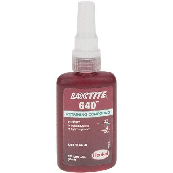 Loctite - 50 mL Bottle, Green, High Strength Liquid Retaining Compound - Series 640, 24 hr Full Cure Time - Americas Industrial Supply