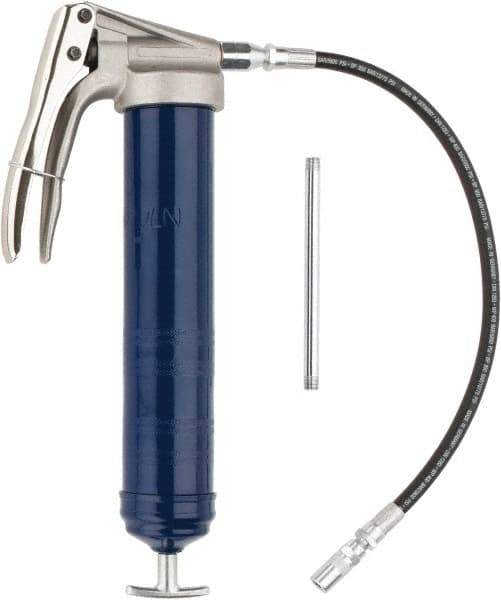 Lincoln - 7,500 Max psi, Flexible Pistol Grease Gun - 14-1 & 2 oz (Cartridge) & 16 oz (Bulk) Capacity, 1/8 Thread Outlet, 39 Strokes per oz, Bulk & Cartridge Fill, Includes 6" Straight Pipe & Coupler - Americas Industrial Supply