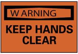 NMC - Accident Prevention Label, Header: WARNING - Legend: Warning - Keep Hands Clear, English, Black & Orange, 5" Long x 3" High, Sign Muscle Finish - Americas Industrial Supply