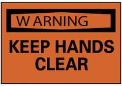NMC - Accident Prevention Label, Header: WARNING - Legend: Warning - Keep Hands Clear, English, Black & Orange, 5" Long x 3" High, Sign Muscle Finish - Americas Industrial Supply