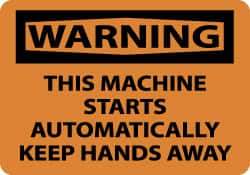 NMC - "Warning - This Machine Starts Automatically - Keep Hands Away", 10" Long x 14" Wide, Pressure-Sensitive Vinyl Safety Sign - Rectangle, 0.004" Thick, Use for Accident Prevention - Americas Industrial Supply