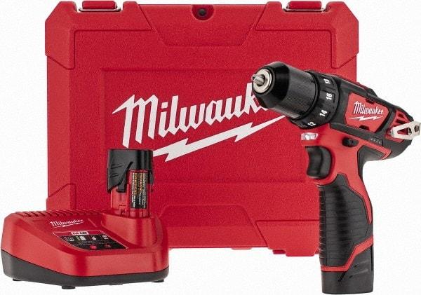 Milwaukee Tool - 12 Volt 3/8" Chuck Pistol Grip Handle Cordless Drill - 0-400 & 0-1500 RPM, Keyless Chuck, Reversible, 2 Lithium-Ion Batteries Included - Americas Industrial Supply