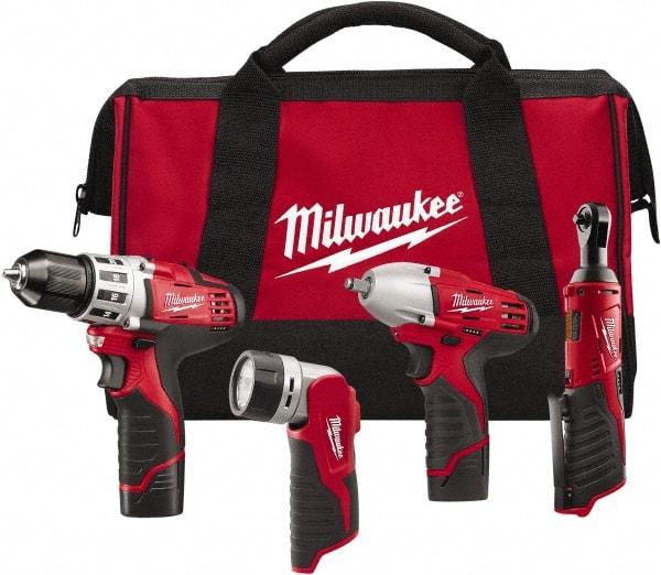 Milwaukee Tool - 12 Volt Cordless Tool Combination Kit - Includes 3/8" Square Drive Impact Wrench, 3/8" Drill/Driver, Work Light & 1/4" Ratchet, Lithium-Ion Battery Included - Americas Industrial Supply