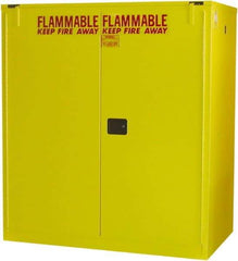 Securall Cabinets - 56" Wide x 31" Deep x 67" High, 18 Gauge Steel Vertical Drum Cabinet with 3 Point Key Lock - Yellow, Self-Closing Door, 1 Shelf, 2 Drums, Drum Rollers Included - Americas Industrial Supply