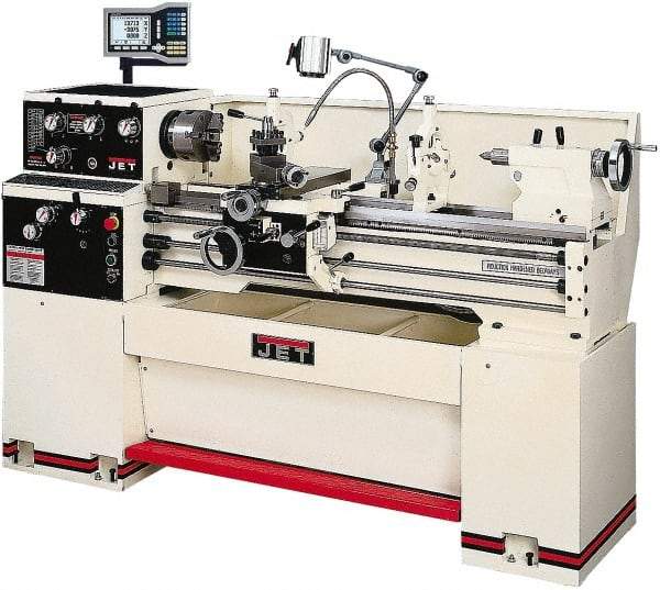 Jet - 14" Swing, 36-7/8" Between Centers, 230 Volt, Single Phase Bench Lathe - 2 hp, 70 to 1,900 RPM Spindle Speed, 2" Spindle Bore Diam, 76-13/32" OAL x 29-29/32" OAH x 59-13/16" Overall Depth - Americas Industrial Supply