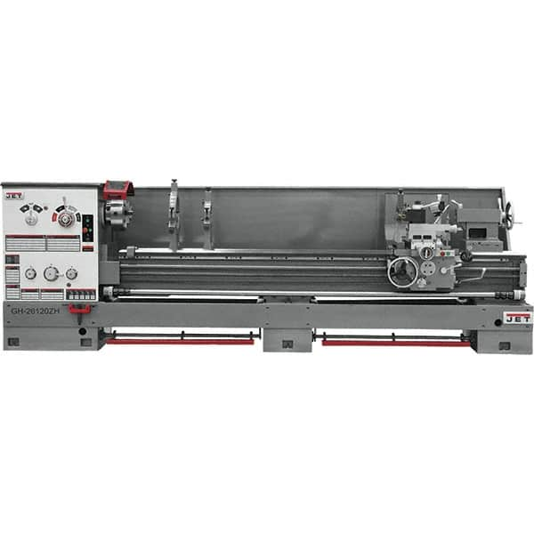 Jet - 26" Swing, 120" Between Centers, 230 Volt, Triple Phase Engine Lathe - 6MT Taper, 10 hp, 40 to 1,800 RPM, 4-1/8" Bore Diam, 43" Deep x 57" High x 177" Long - Americas Industrial Supply