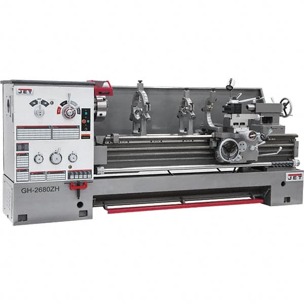 Jet - 26" Swing, 80" Between Centers, 230/460 Volt, Triple Phase Engine Lathe - 6MT Taper, 10 hp, 40 to 1,800 RPM, 4-1/8" Bore Diam, 43" Deep x 57" High x 138" Long - Americas Industrial Supply
