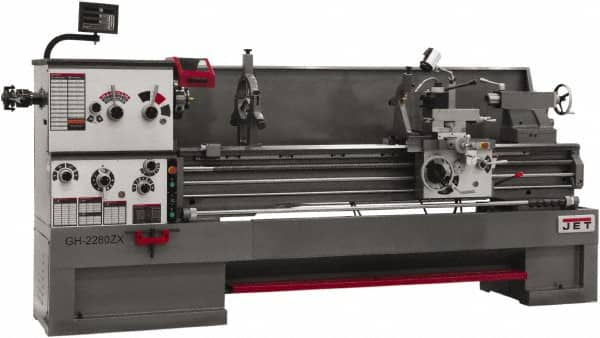 Jet - 26" Swing, 80" Between Centers, 230 Volt, Triple Phase Engine Lathe - 6MT Taper, 10 hp, 40 to 1,800 RPM, 4-1/8" Bore Diam, 43" Deep x 57" High x 136" Long - Americas Industrial Supply