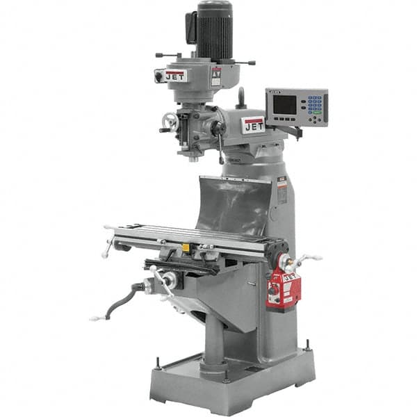 Jet - 7-7/8" Table Width x 35-3/4" Table Length, Step Pulley Control, 1 Phase Knee Milling Machine - R8 Spindle Taper, 1-1/2 hp - Americas Industrial Supply