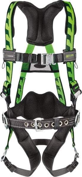 Miller - 400 Lb Capacity, Size Universal, Full Body AirCore Construction Safety Harness - Polyester, Side D-Ring, Quick Connect Leg Strap, Quick Connect Chest Strap, Black/Green - Americas Industrial Supply