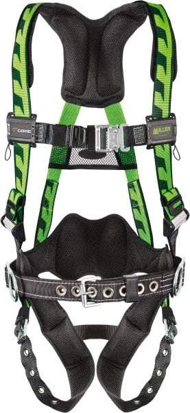 Miller - 400 Lb Capacity, Size L/XL, Full Body AirCore Construction Safety Harness - Polyester, Side D-Ring, Tongue Buckle Leg Strap, Quick Connect Chest Strap, Black/Green - Americas Industrial Supply